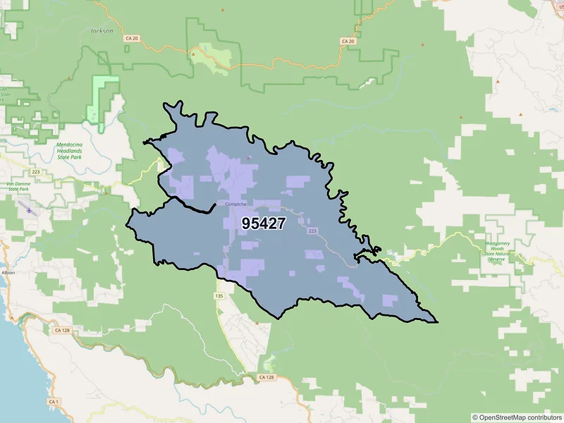 Map of Comptche, California and ZIP codes