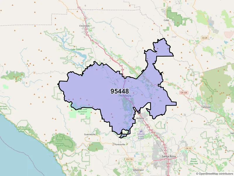 Map of Healdsburg, California and ZIP codes