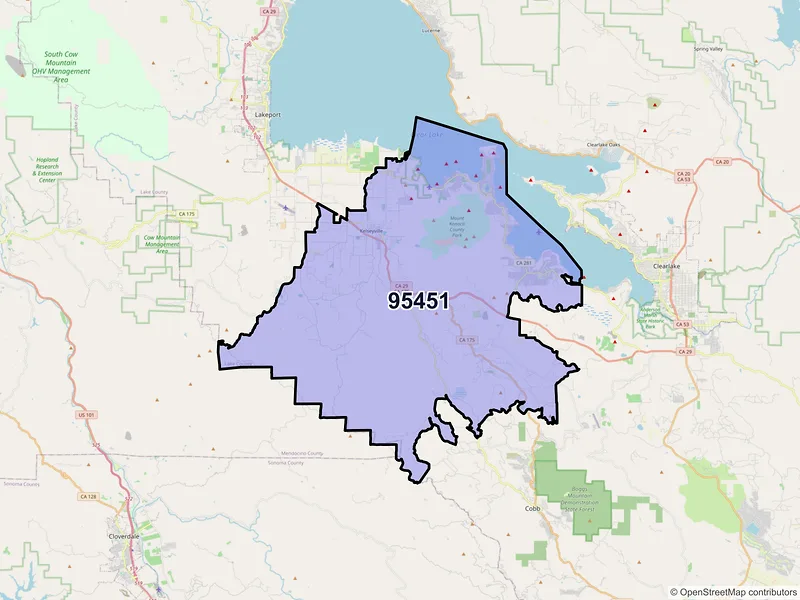 Map of Kelseyville, California and ZIP codes