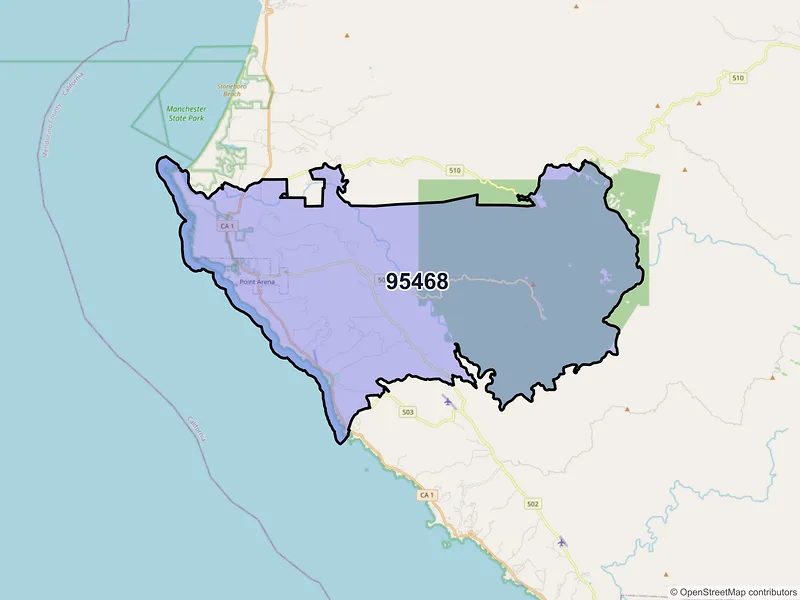 Map of Point Arena, California and ZIP codes