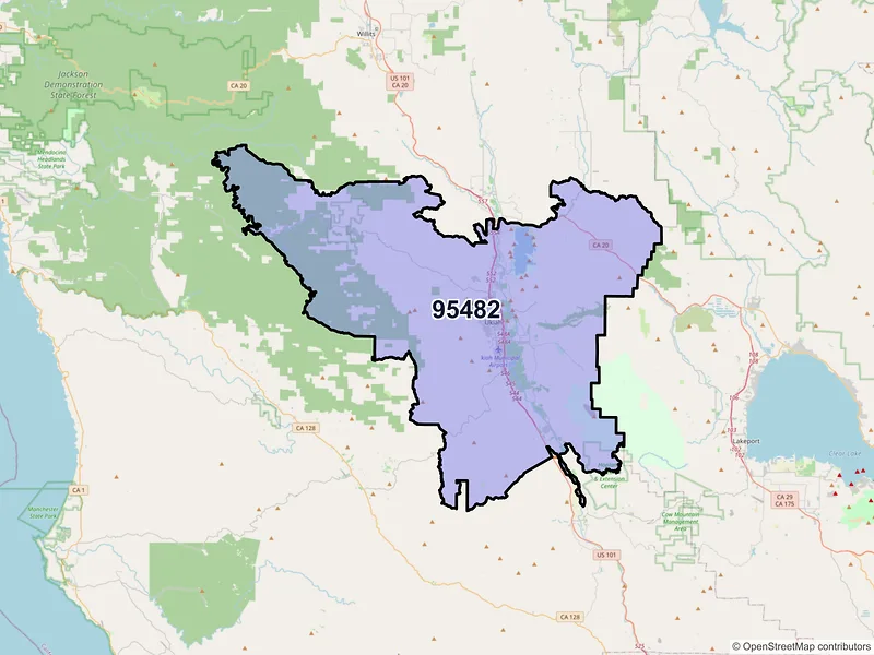 Map of Ukiah, California and ZIP codes