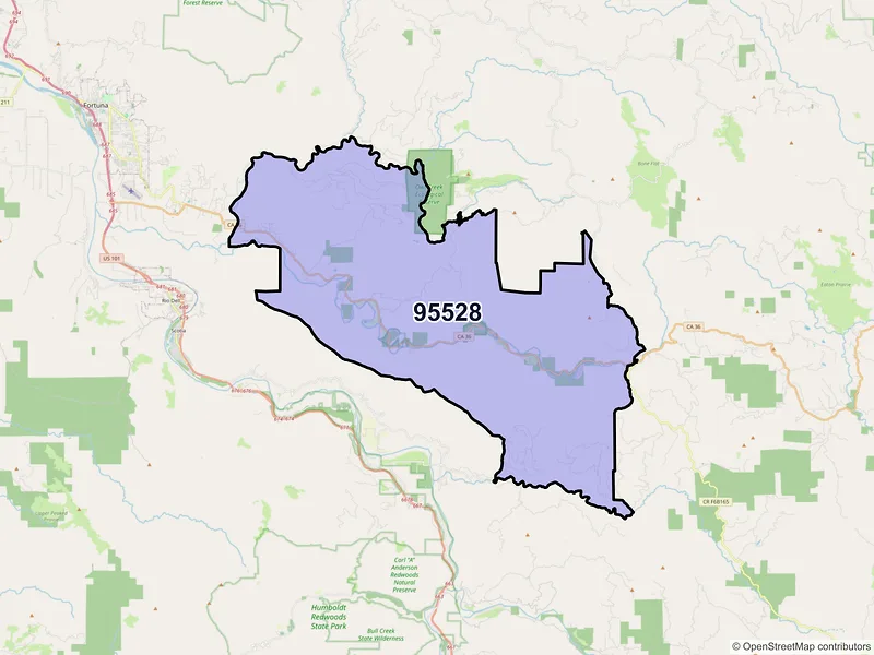 Map of Carlotta, California and ZIP codes