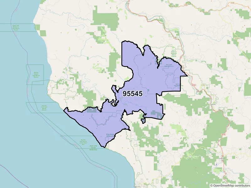 Map of Honeydew, California and ZIP codes