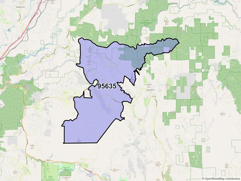 Map of Greenwood, California and ZIP codes