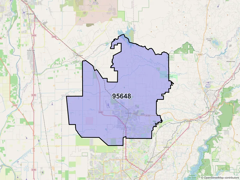 Map of Lincoln, California and ZIP codes
