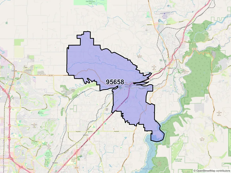 Map of Newcastle, California and ZIP codes