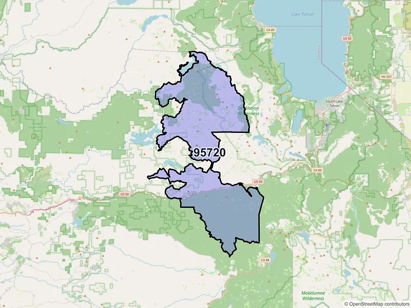 Map of Kyburz, California and ZIP codes