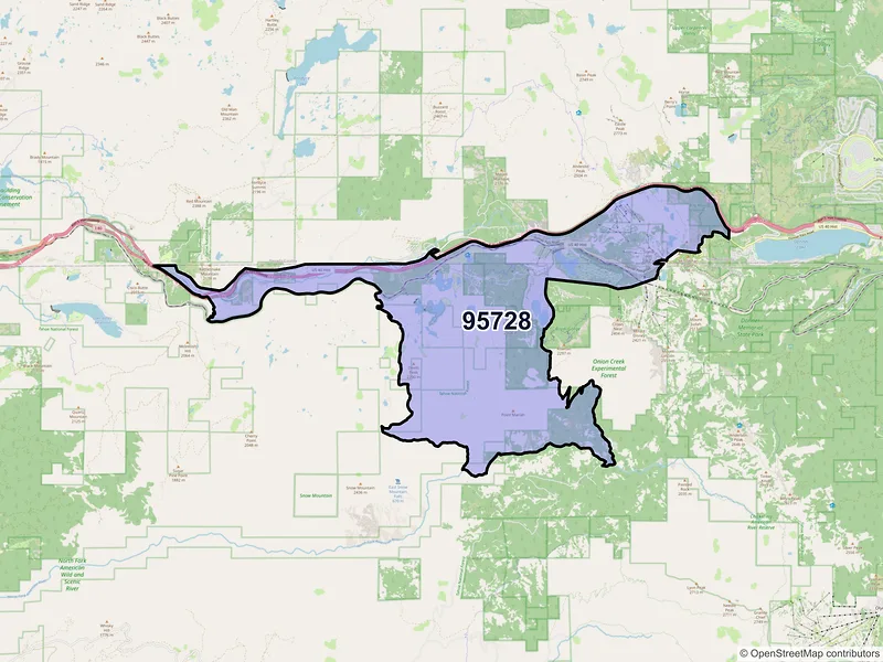 Map of Soda Springs, California and ZIP codes