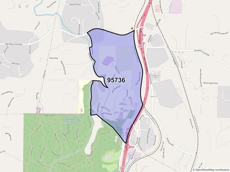Map of Weimar, California and ZIP codes