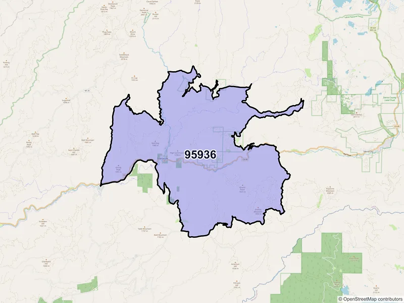 Map of Downieville, California and ZIP codes