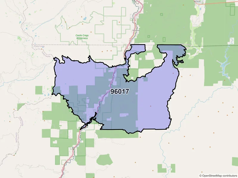 Map of Castella, California and ZIP codes