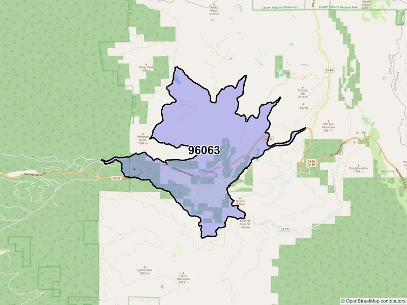 Map of Mineral, California and ZIP codes