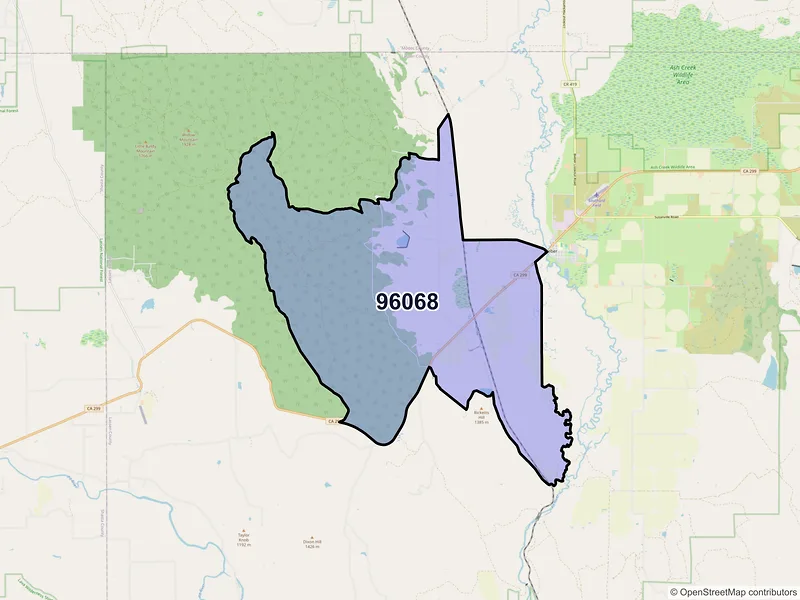 Map of Nubieber, California and ZIP codes