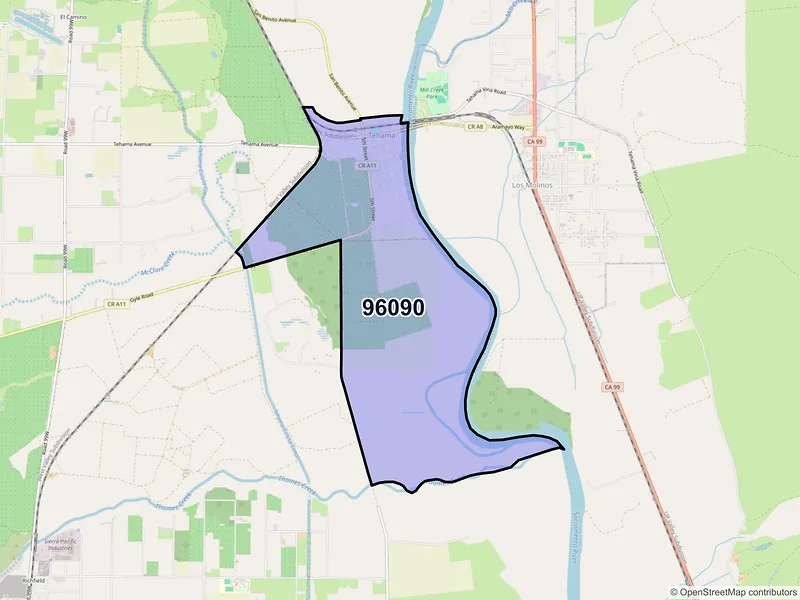 Map of Tehama, California and ZIP codes