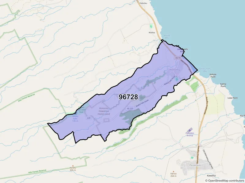 Map of Honomu, Hawaii and ZIP codes