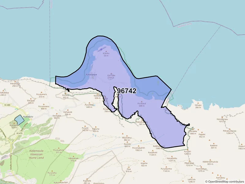 Map of Kalaupapa, Hawaii and ZIP codes
