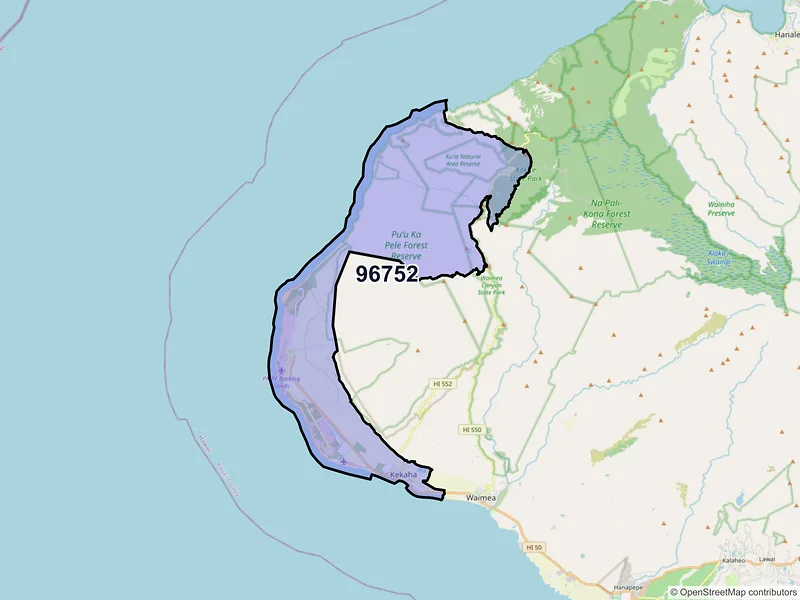 Map of Kekaha, Hawaii and ZIP codes