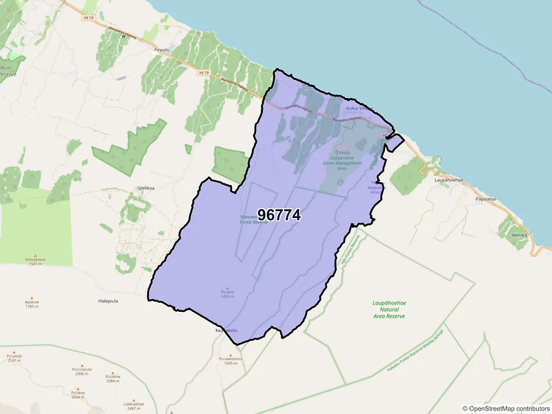 Map of Ookala, Hawaii and ZIP codes