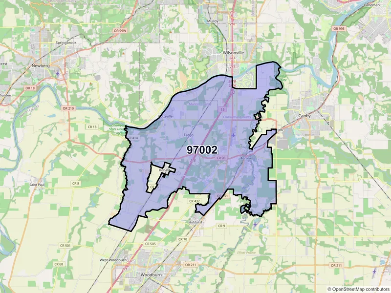 Map of Aurora, Oregon and ZIP codes