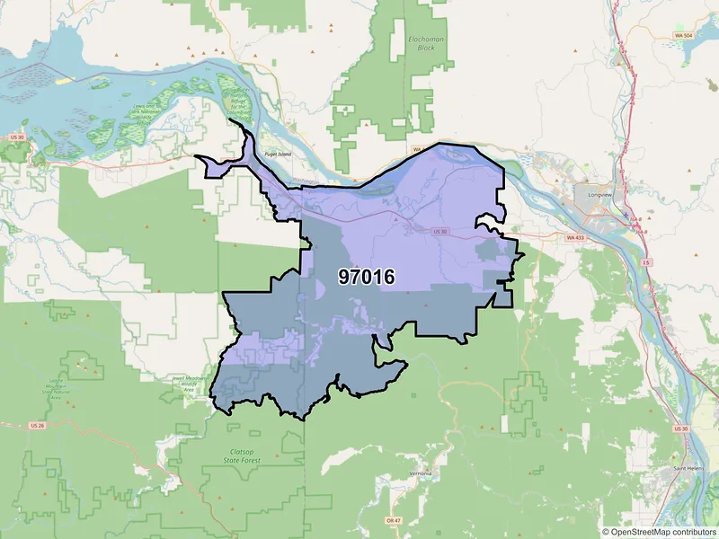 Map of Clatskanie, Oregon and ZIP codes