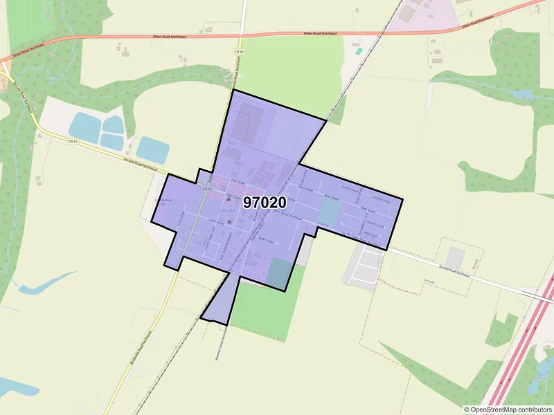 Map of Donald, Oregon and ZIP codes