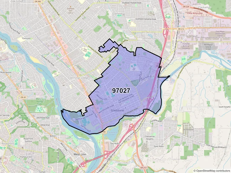 Map of Gladstone, Oregon and ZIP codes