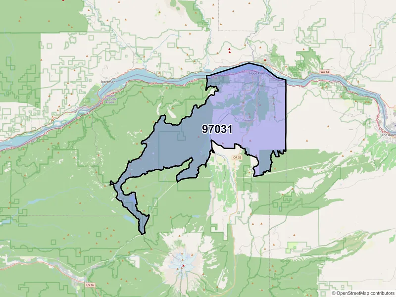 Map of Hood River, Oregon and ZIP codes