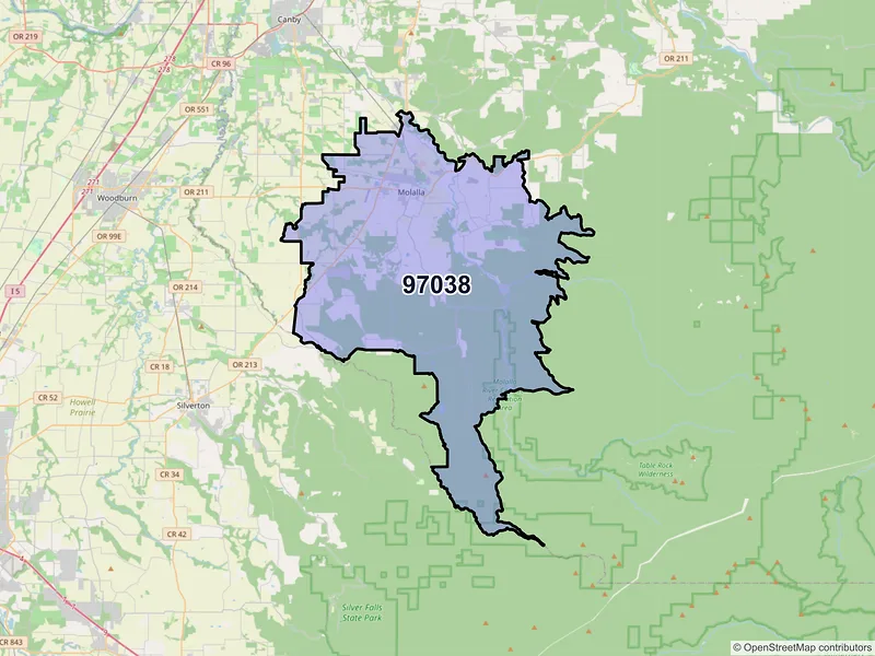 Map of Molalla, Oregon and ZIP codes
