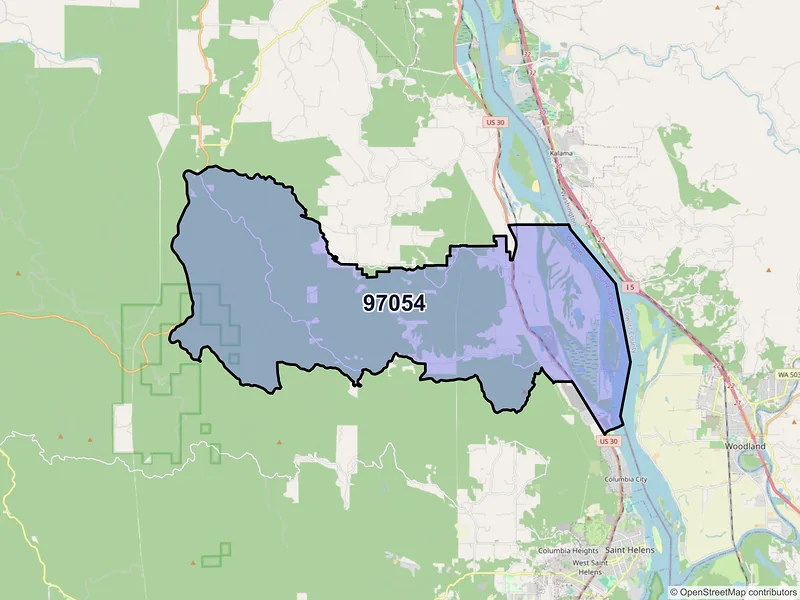 Map of Deer Island, Oregon and ZIP codes