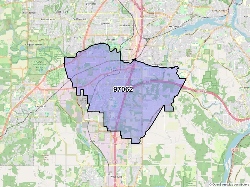 Map of Tualatin, Oregon and ZIP codes