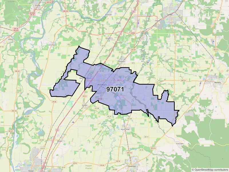 Map of Woodburn, Oregon and ZIP codes