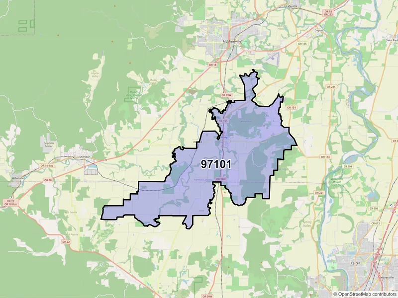 Map of Amity, Oregon and ZIP codes