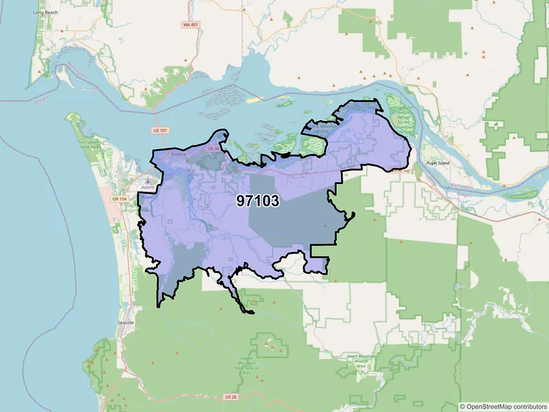 Map of Astoria, Oregon and ZIP codes
