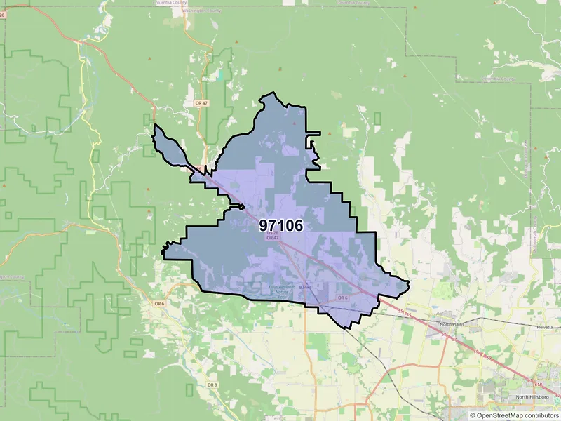 Map of Banks, Oregon and ZIP codes