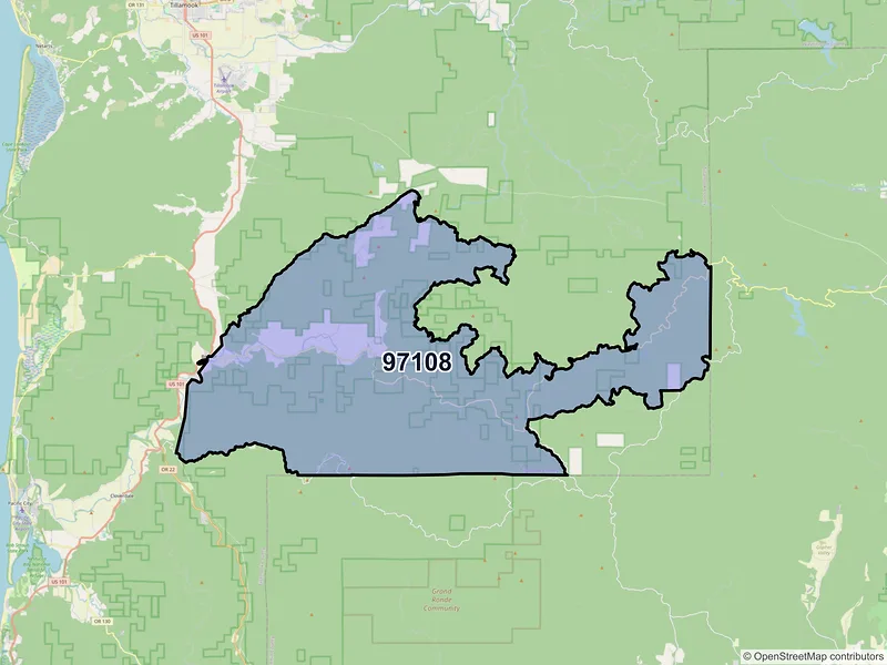 Map of Beaver, Oregon and ZIP codes