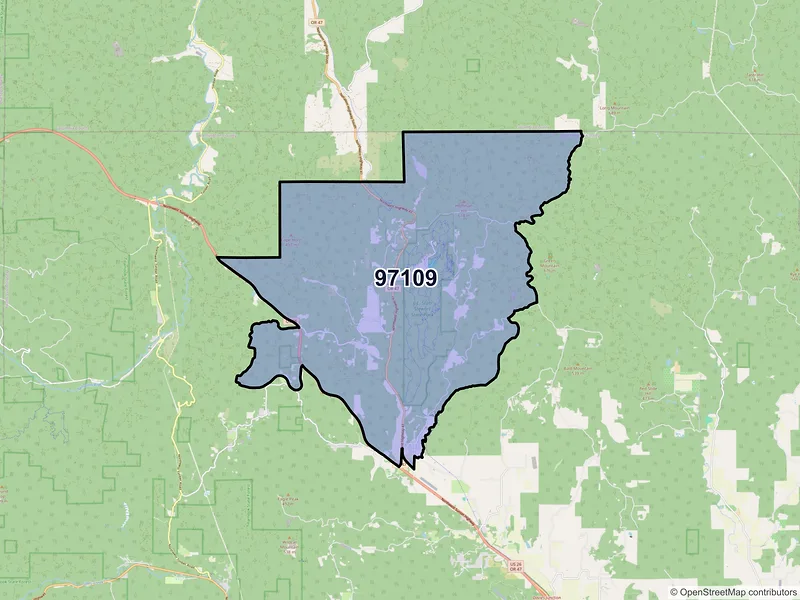 Map of Buxton, Oregon and ZIP codes