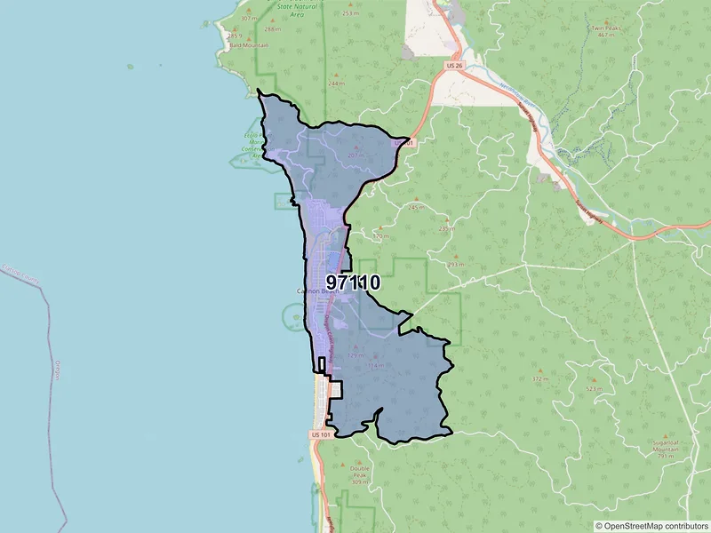 Map of Cannon Beach, Oregon and ZIP codes