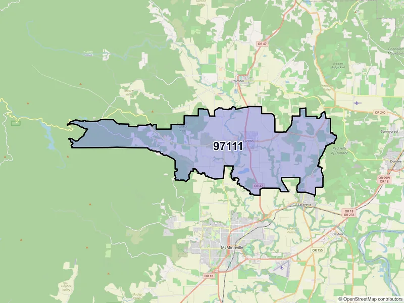 Map of Carlton, Oregon and ZIP codes