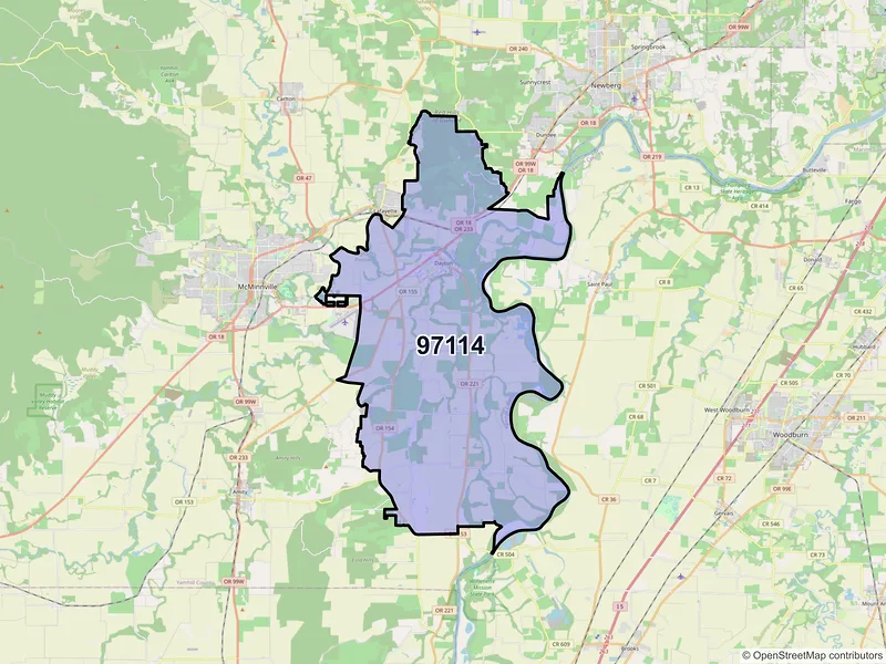 Map of Dayton, Oregon and ZIP codes