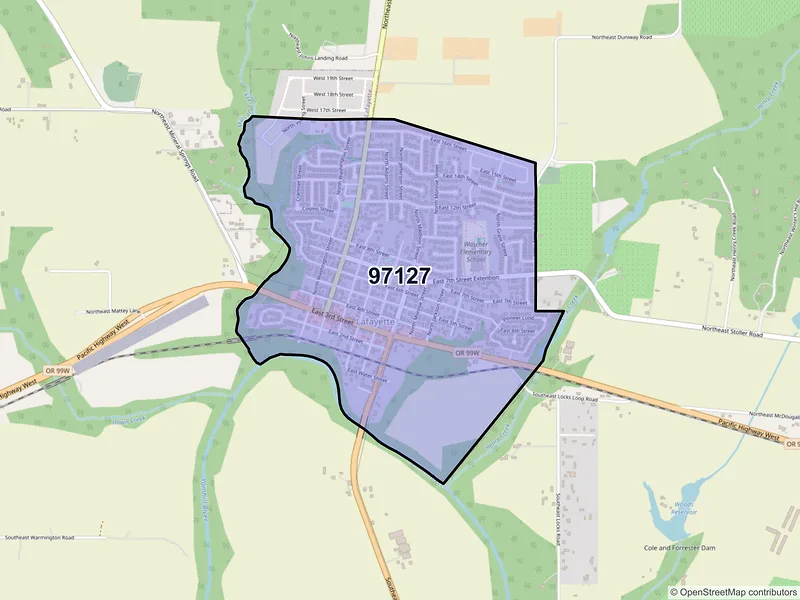 Map of Lafayette, Oregon and ZIP codes