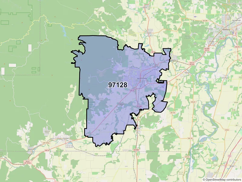 Map of McMinnville, Oregon and ZIP codes