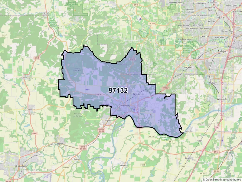 Map of Newberg, Oregon and ZIP codes
