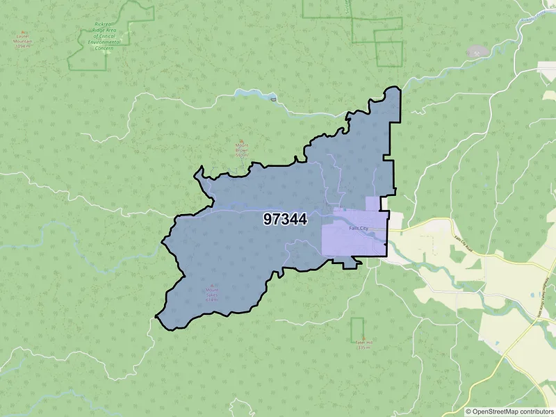 Map of Falls City, Oregon and ZIP codes