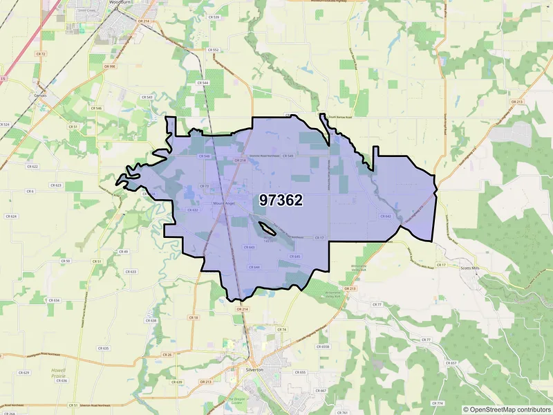 Map of Mount Angel, Oregon and ZIP codes