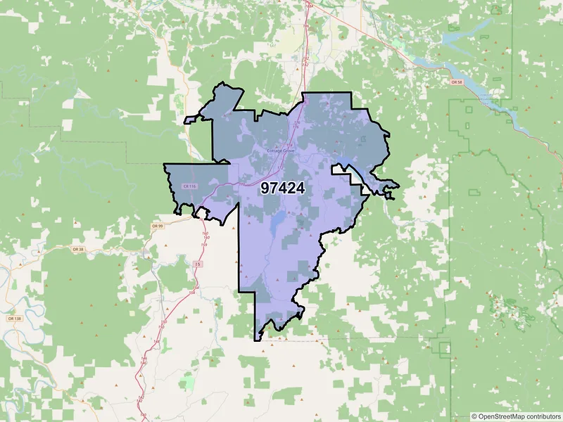 Map of Cottage Grove, Oregon and ZIP codes