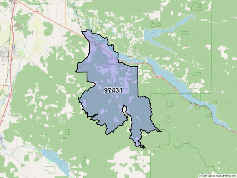 Map of Dexter, Oregon and ZIP codes