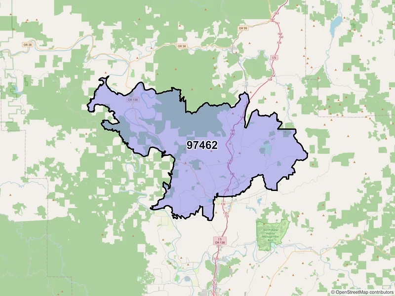 Map of Oakland, Oregon and ZIP codes