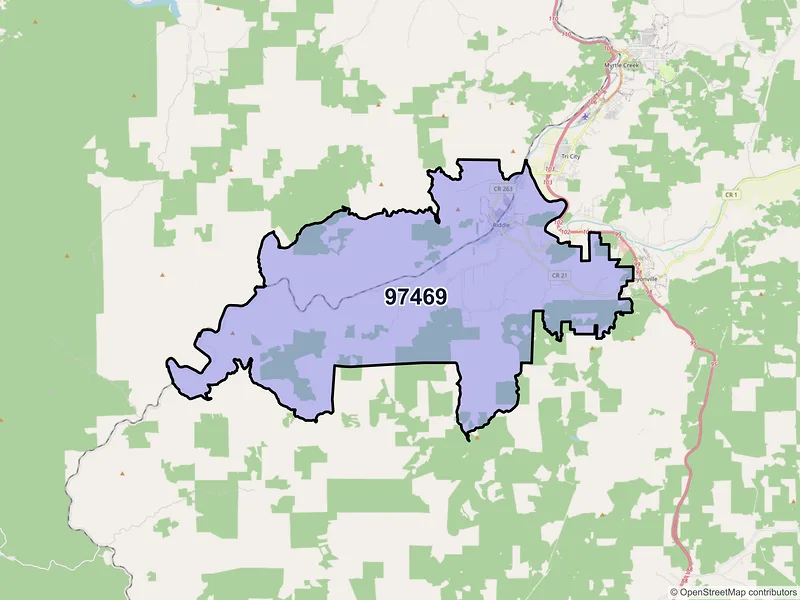 Map of Riddle, Oregon and ZIP codes