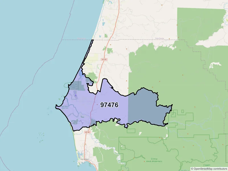 Map of Sixes, Oregon and ZIP codes