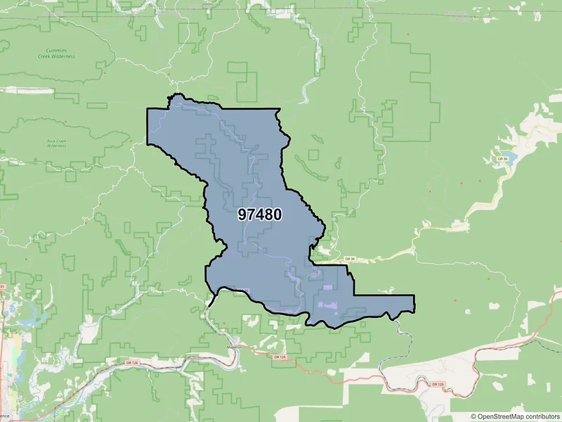 Map of Swisshome, Oregon and ZIP codes